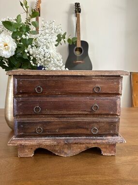 Vintage Rustic Wooden Mini Chest - Dark Brown
